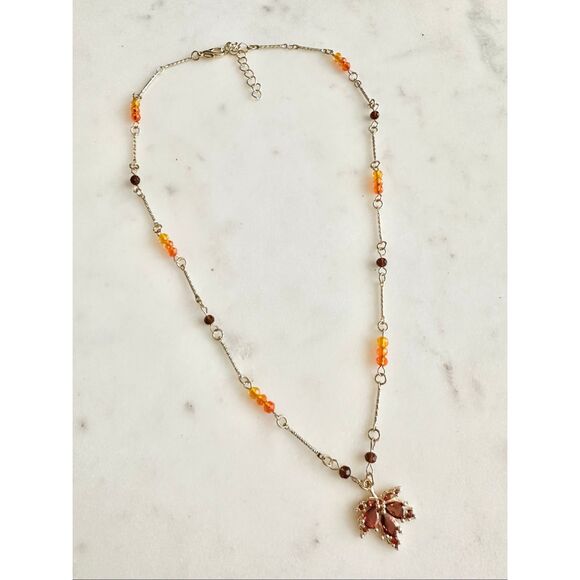 Bright Orange fall Maple leaf dangle cubic zirconia beaded necklace - Picture 6 of 6